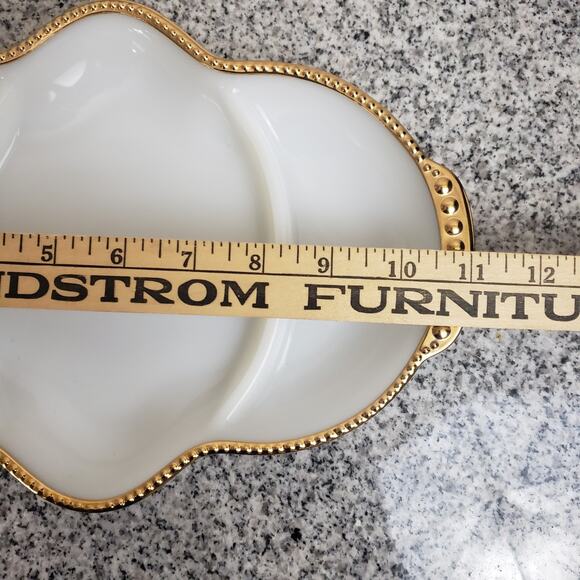 Lot of 2 Anchor Hocking Fire King Milk Glass Deviled Egg Gold Trim + Relish Tray - Picture 3 of 12